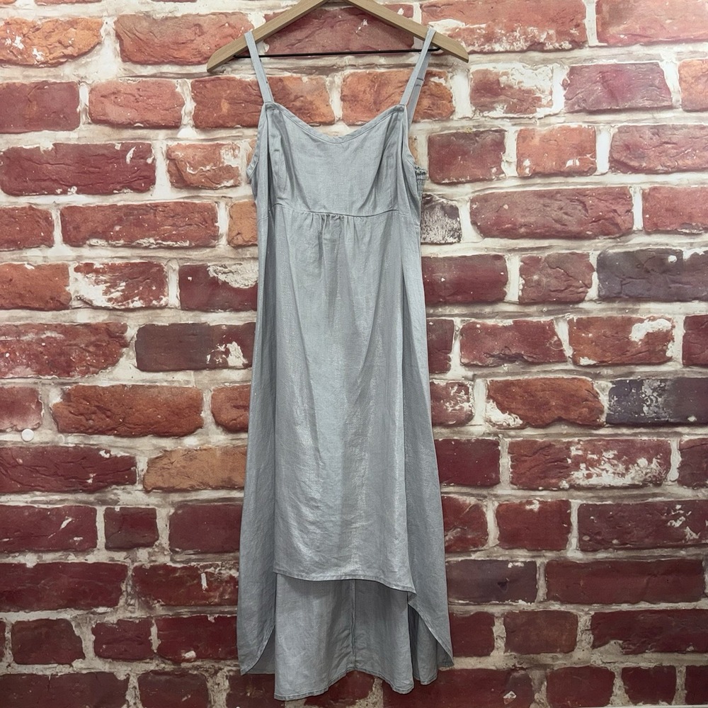 Tommy Bahama Dress Womens M Gray 100% Linen Metallic Waxy Coated Hi Low Sundress